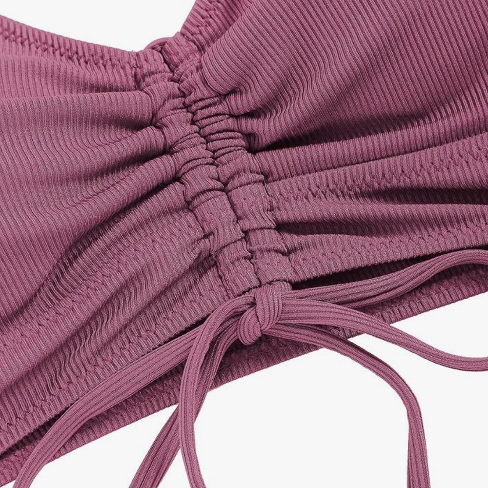 ZAFUL V Neck Bikini Set Ruched Tie Front High Waisted Ribbed 2 Piece 6 M - Picture 4 of 9